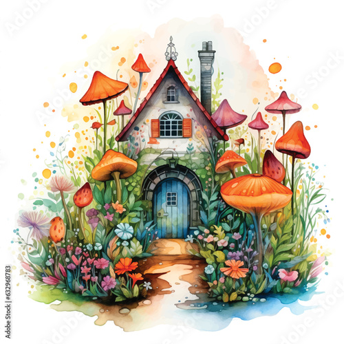 eautiful little house among flowers and giant mushrooms watercolor paint.