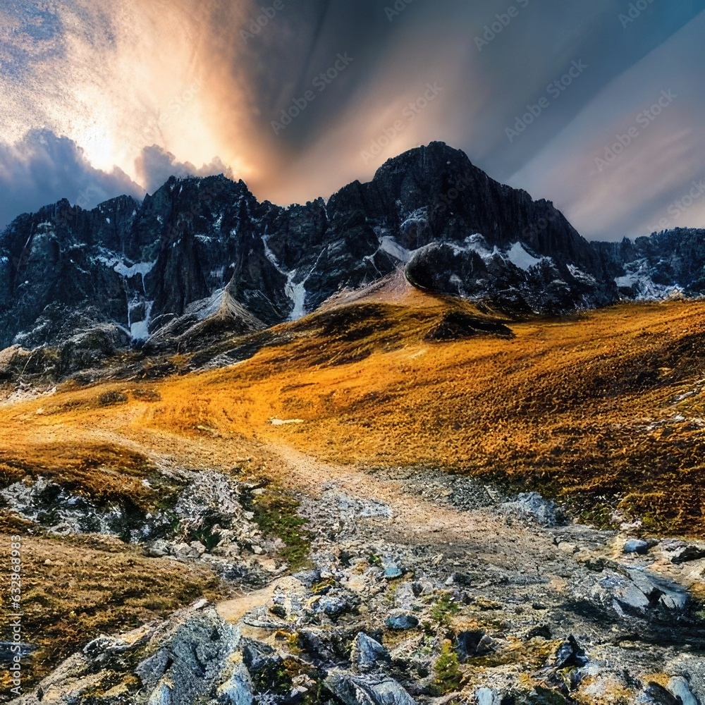 High mountain landscape with peaks, dramatic clouds and beautiful scenery