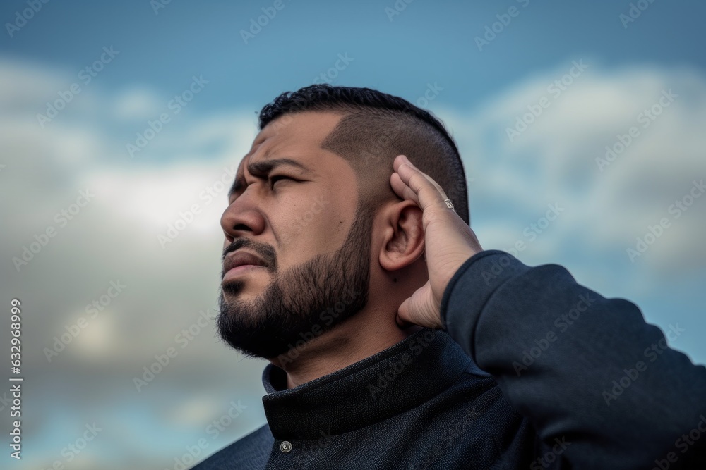 Group portrait photography of a man in his 30s cupping his ear in pain due to an ear infection wearing hijab against a sky and clouds background 