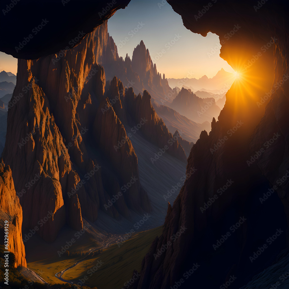 A sweeping panorama of the majestic Dolomites, seen from the depths of a man-made cave.
