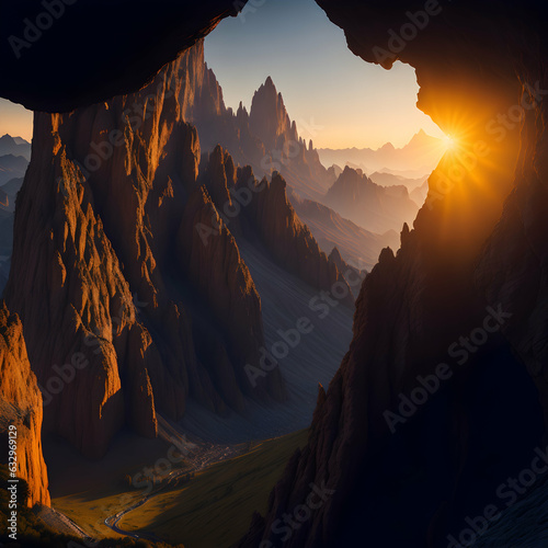 A sweeping panorama of the majestic Dolomites, seen from the depths of a man-made cave. 