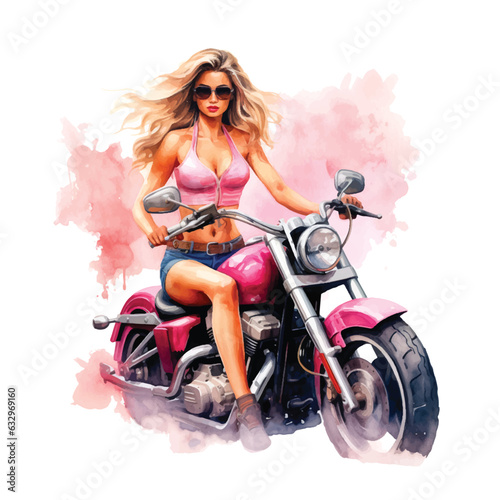  A beautiful girl riding a motorcycle watercolor hand painting