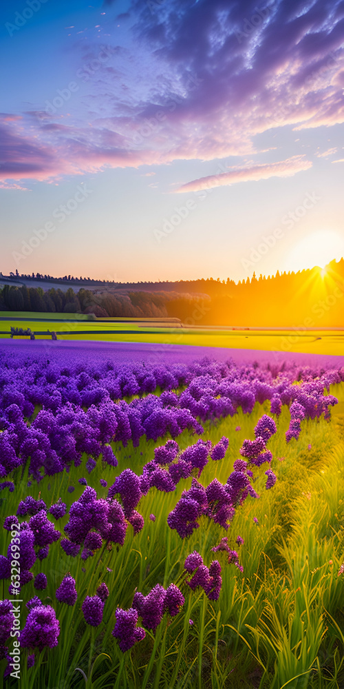 Obraz premium A majestic panorama of a rural landscape, illuminated by a golden sunrise, with a meadow of vibrant purple Phacelia flowers in full bloom 