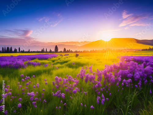 A majestic panorama of a rural landscape, illuminated by a golden sunrise, with a meadow of vibrant purple Phacelia flowers in full bloom 