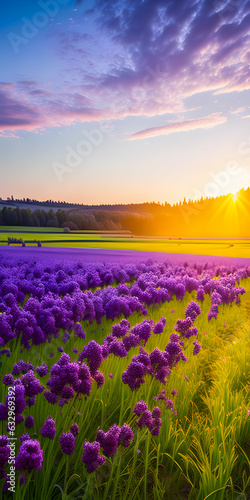 A majestic panorama of a rural landscape  illuminated by a golden sunrise  with a meadow of vibrant purple Phacelia flowers in full bloom 