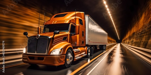 An orange semi truck driving through a tunnel. Generative AI. © Lucky Ai