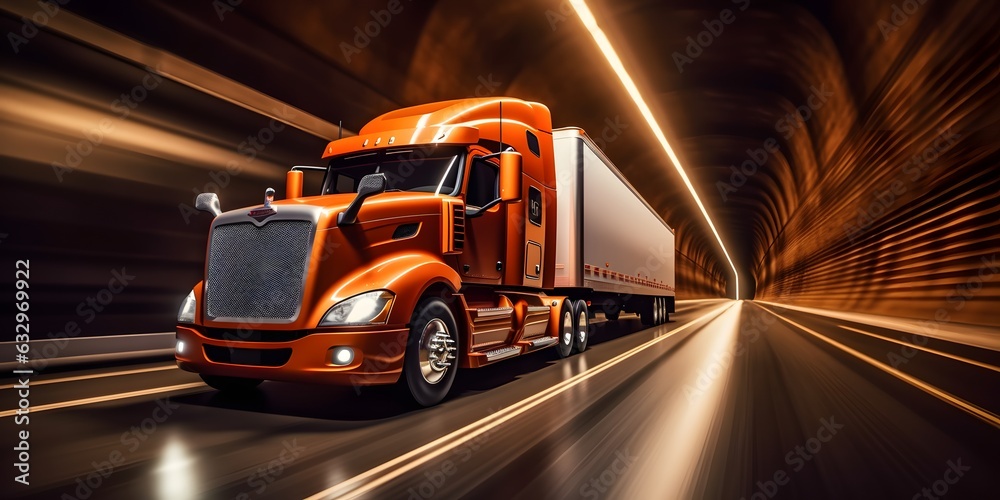 An orange semi truck driving through a tunnel. Generative AI.