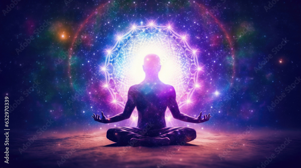 Meditating human silhouette in yoga lotus pose. Galaxy universe background. Colorful chakras and aura glow. Power of Mind. Psychic. Meditation and Spirituality Universe. Generative Ai