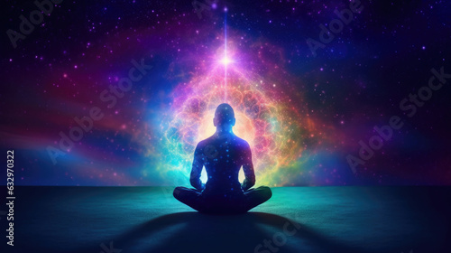 Meditating human silhouette in yoga lotus pose. Galaxy universe background. Colorful chakras and aura glow. Power of Mind. Psychic. Meditation and Spirituality Universe. Generative Ai © tong2530