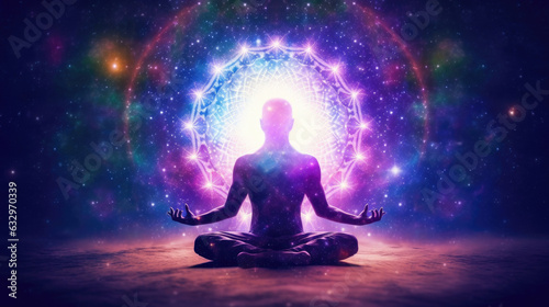 Meditating human silhouette in yoga lotus pose. Galaxy universe background. Colorful chakras and aura glow. Power of Mind. Psychic. Meditation and Spirituality Universe. Generative Ai © tong2530