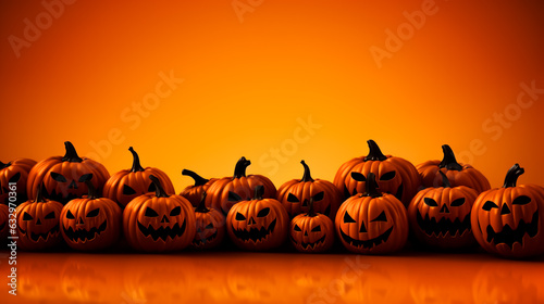 Spooky Jack O Lantern pumpkins on an orange background. Halloween theme banner or card. photo