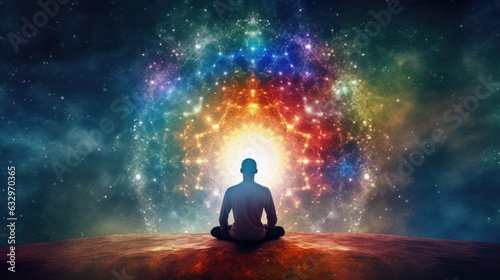 Meditating human silhouette in yoga lotus pose. Galaxy universe background. Colorful chakras and aura glow. Power of Mind. Psychic. Meditation and Spirituality Universe. Generative Ai
