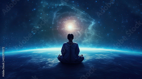 Meditating human silhouette in yoga lotus pose. Galaxy universe background. Colorful chakras and aura glow. Power of Mind. Psychic. Meditation and Spirituality Universe. Generative Ai