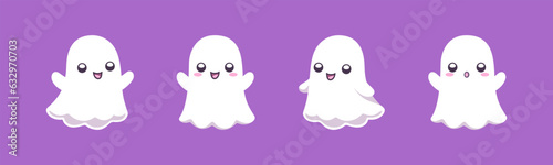 Set of cute funny happy ghosts. Halloween spooky boo characters for kids. Magic scary spirits with different emotions and face expressions. Simple flat cartoon vector illustrations of comic phantoms