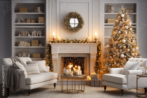 Craft holiday magic Christmas tree, fireplace, presents and heartwarming scene © PinkiePie