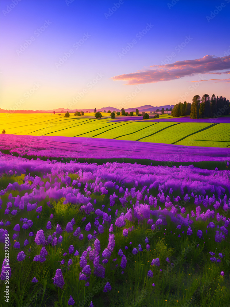 Fototapeta premium sunrise with a meadow of vibrant purple Phacelia flowers in full bloom 