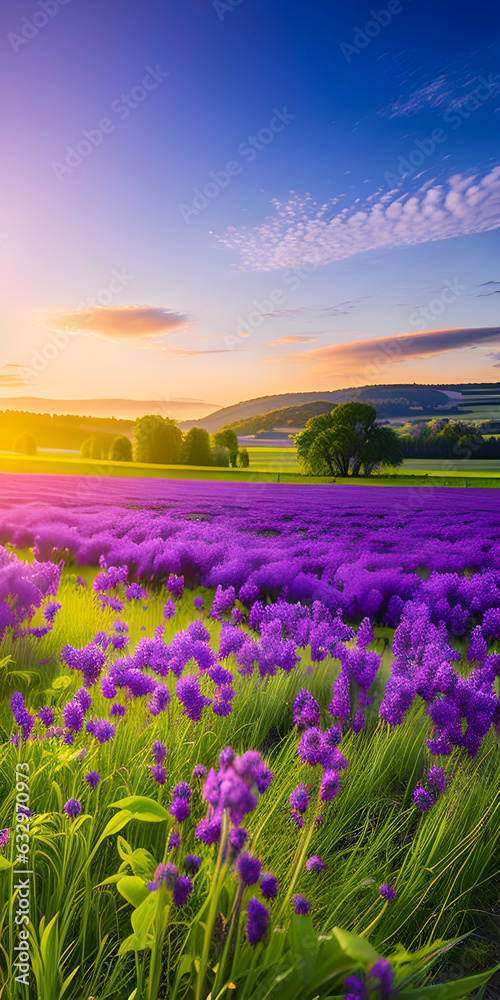 Fototapeta premium sunrise with a meadow of vibrant purple Phacelia flowers in full bloom 