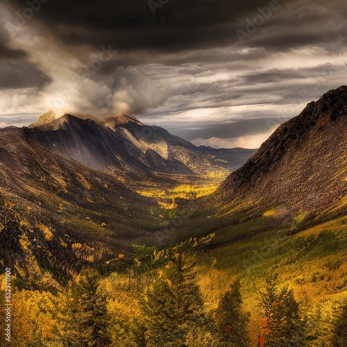 Beautiful mountain landscape with dramatic sky in bright colors, many trees and wild nature