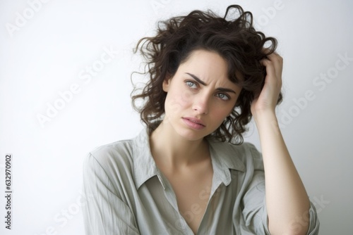 Medium shot portrait photography of a woman in her 30s with a pained and tired expression due to fibromyalgia wearing a simple tunic against a white background 