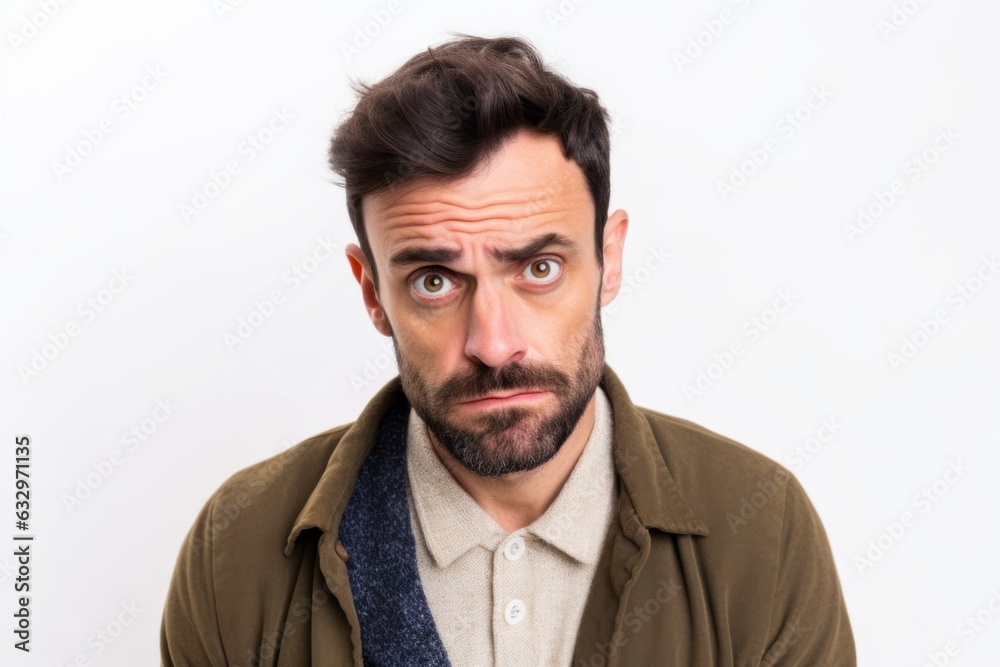 Medium shot portrait photography of a man in his 30s with a pained and tired expression due to fibromyalgia wearing a chic cardigan against a white background Medium shot portrait photography of a man in his 30s with a pained and tired expression due to fibromyalgia wearing a chic cardigan against a white background