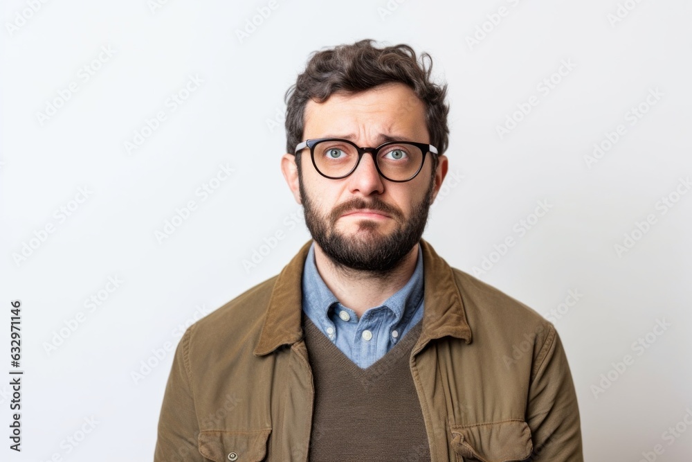 Group portrait photography of a man in his 30s with a pained and tired expression due to fibromyalgia wearing a chic cardigan against a white background Group portrait photography of a man in his 30s with a pained and tired expression due to fibromyalgia wearing a chic cardigan against a white background