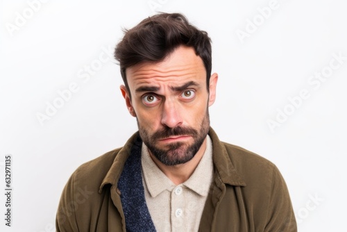 Medium shot portrait photography of a man in his 30s with a pained and tired expression due to fibromyalgia wearing a chic cardigan against a white background  © Leon Waltz