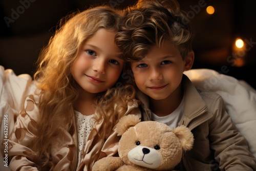  girl and boy with a teddy bear , ai generative
