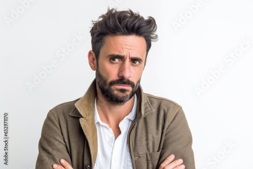 Lifestyle portrait photography of a man in his 30s with a pained and tired expression due to fibromyalgia wearing a chic cardigan against a white background  © Leon Waltz