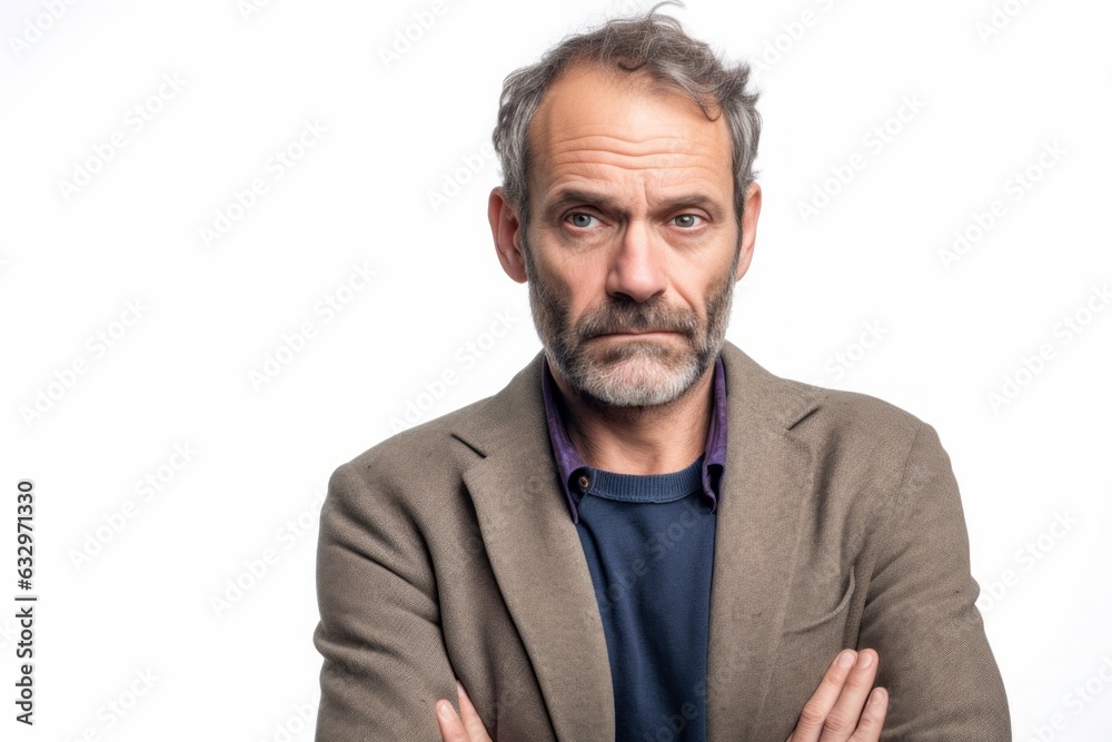 Medium shot portrait photography of a man in his 40s with a pained and tired expression due to fibromyalgia wearing a chic cardigan against a white background Medium shot portrait photography of a man in his 40s with a pained and tired expression due to fibromyalgia wearing a chic cardigan against a white background