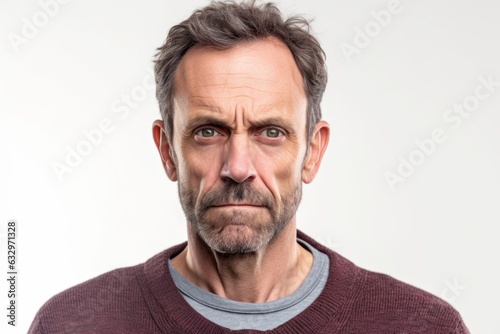 Medium shot portrait photography of a man in his 40s with a pained and tired expression due to fibromyalgia wearing a chic cardigan against a white background 