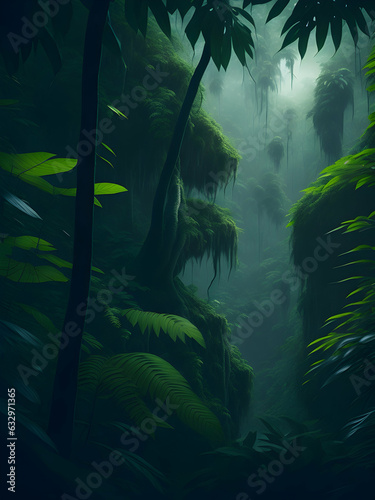 A lush  vibrant deep green tropical jungle  with a thick canopy of trees and a sense of exploration 