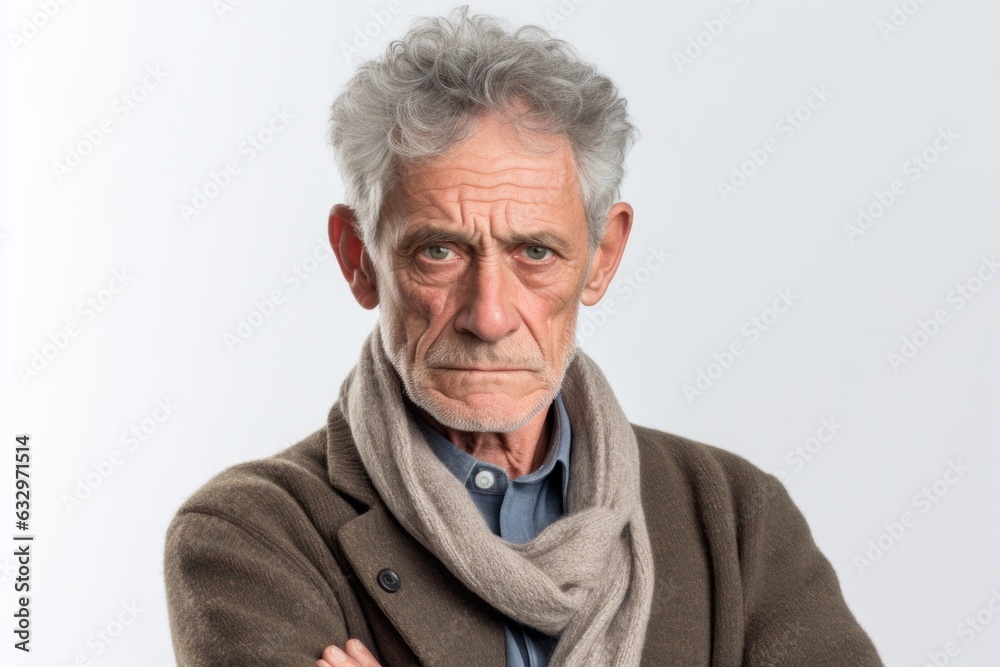 Group portrait photography of a man in his 50s with a pained and tired expression due to fibromyalgia wearing a chic cardigan against a white background Group portrait photography of a man in his 50s with a pained and tired expression due to fibromyalgia wearing a chic cardigan against a white background