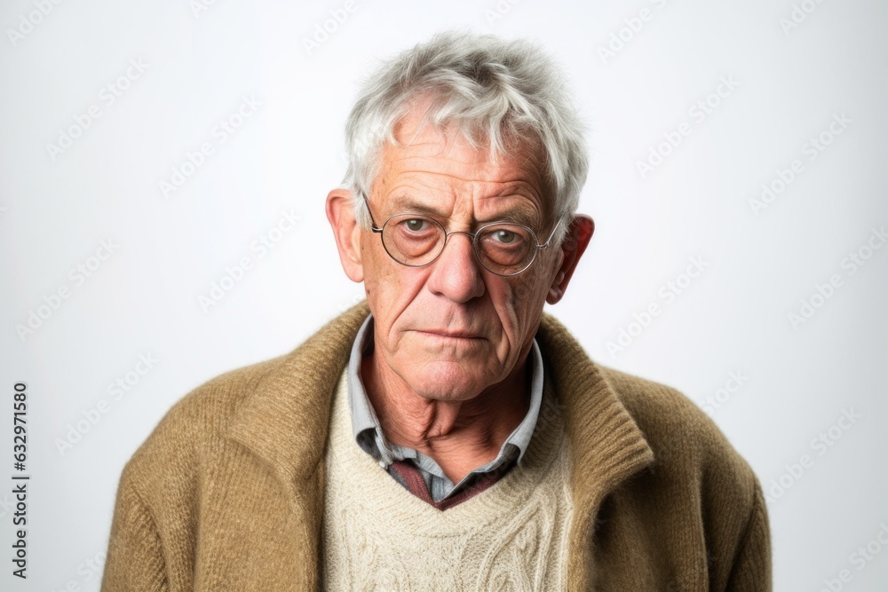 Medium shot portrait photography of a man in his 60s with a pained and tired expression due to fibromyalgia wearing a chic cardigan against a white background Medium shot portrait photography of a man in his 60s with a pained and tired expression due to fibromyalgia wearing a chic cardigan against a white background