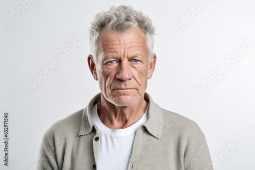 Lifestyle portrait photography of a man in his 50s with a pained and tired expression due to fibromyalgia wearing a chic cardigan against a white background 