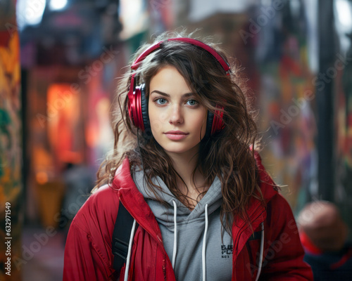 Beautiful young woman in red headphones listening to music in the city. Generative AI.