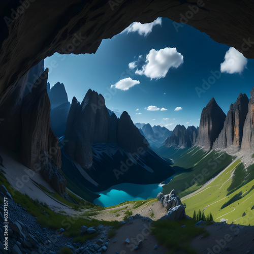 panorama of the majestic dolomites, seen from a cave. 
