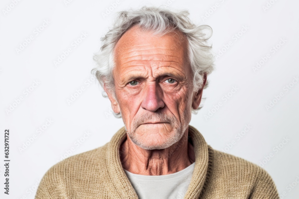 Medium shot portrait photography of a man in his 60s with a pained and tired expression due to fibromyalgia wearing a chic cardigan against a white background Medium shot portrait photography of a man in his 60s with a pained and tired expression due to fibromyalgia wearing a chic cardigan against a white background