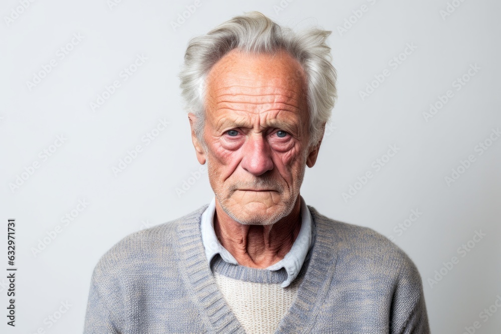 Medium shot portrait photography of a man in his 60s with a pained and tired expression due to fibromyalgia wearing a chic cardigan against a white background Medium shot portrait photography of a man in his 60s with a pained and tired expression due to fibromyalgia wearing a chic cardigan against a white background