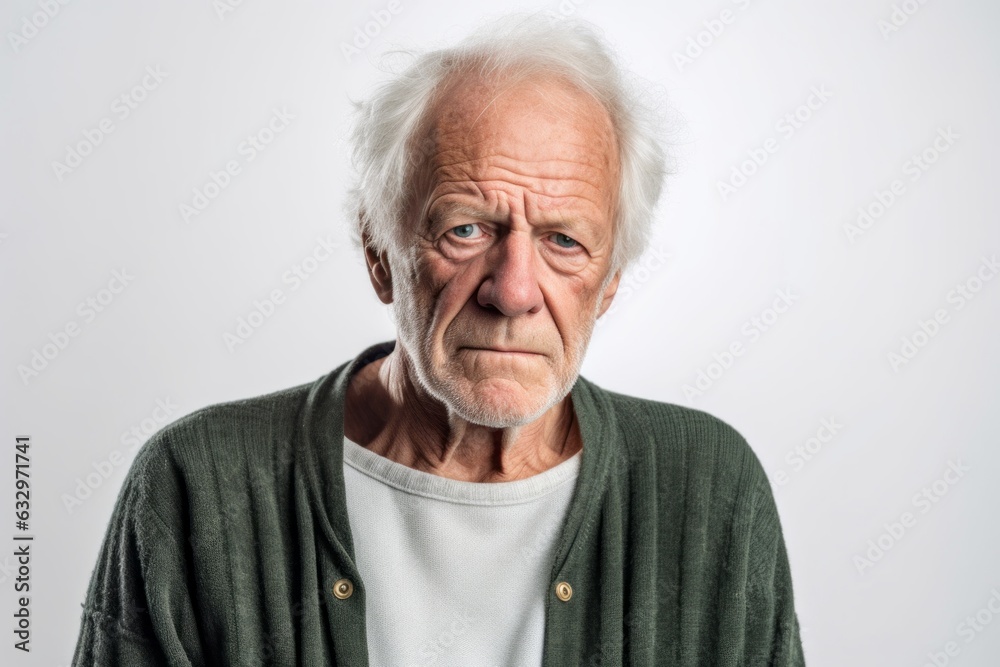 Lifestyle portrait photography of a man in his 80s with a pained and tired expression due to fibromyalgia wearing a chic cardigan against a white background 
