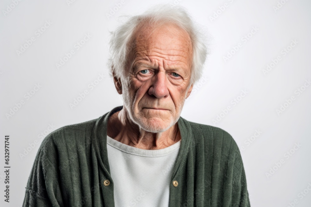 Lifestyle portrait photography of a man in his 80s with a pained and tired expression due to fibromyalgia wearing a chic cardigan against a white background Lifestyle portrait photography of a man in his 80s with a pained and tired expression due to fibromyalgia wearing a chic cardigan against a white background