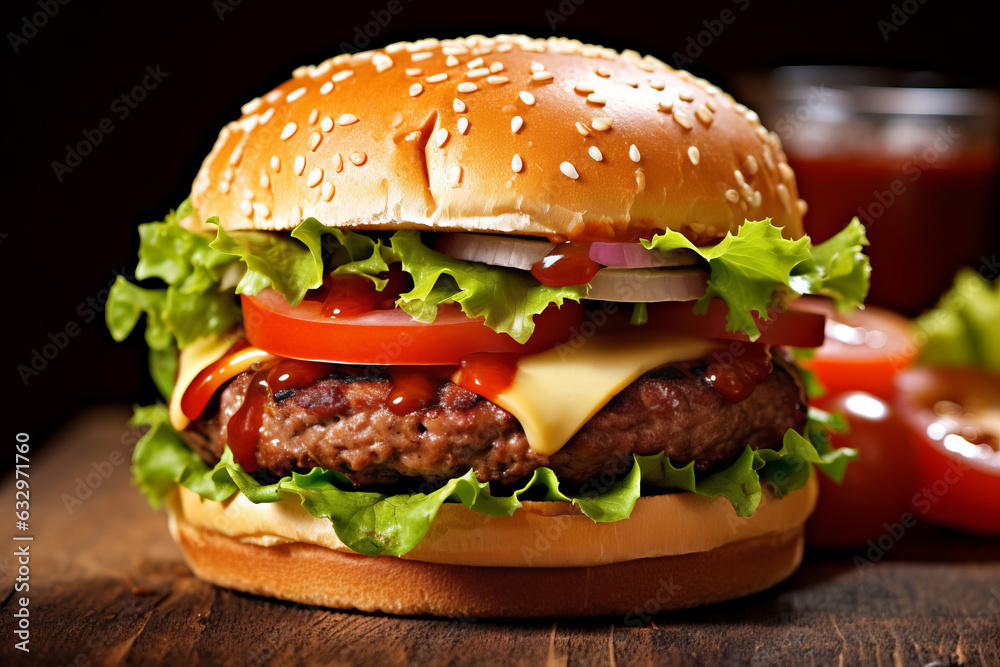 hamburger with cutlet grilled on a wooden surface hamburger with cutlet grilled on a wooden surface