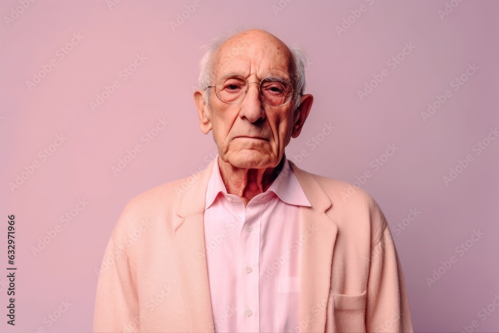 Obraz premium Medium shot portrait photography of a man in his 80s with a pained and tired expression due to fibromyalgia wearing a chic cardigan against a pastel or soft colors background 