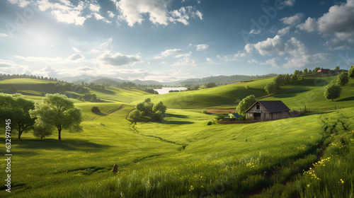 Countryside landscape with rolling green hills, fields, trees, a small wooden cabin, a lake in the distance, and a blue sky with white clouds and the sun casting a warm glow over the scene.