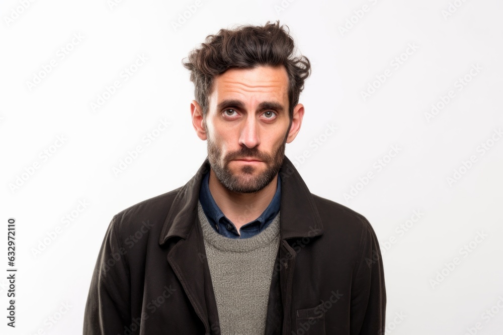 Medium shot portrait photography of a man in his 30s with a hint of fatigue due to chronic kidney disease wearing a chic cardigan against a white background Medium shot portrait photography of a man in his 30s with a hint of fatigue due to chronic kidney disease wearing a chic cardigan against a white background