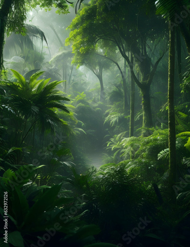 A lush  vibrant deep green tropical jungle  with a thick canopy of trees and a sense of exploration 
