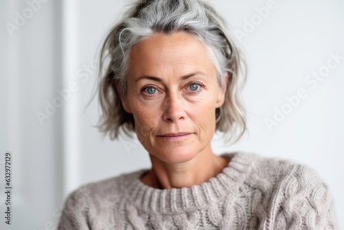 Close-up portrait photography of a woman in her 40s with a hint of fatigue due to chronic kidney disease wearing a cozy sweater against a white background 