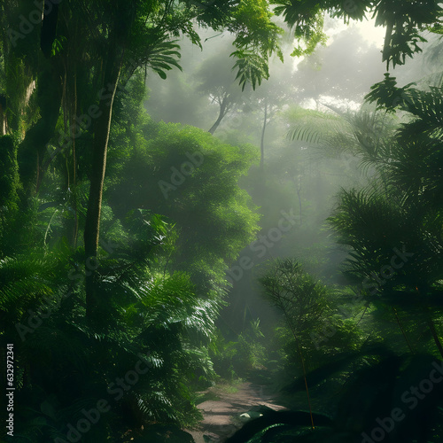 A lush, vibrant deep green tropical jungle, with a thick canopy of trees and a sense of exploration 