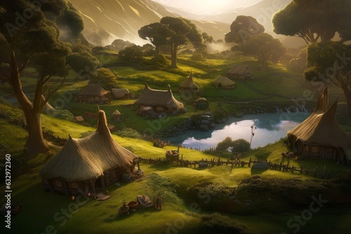 Concept art illustration of hobbit village, Generative AI