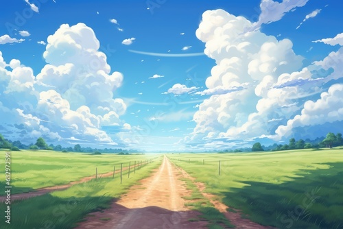An unexplored road to nowhere, drawn in anime style with lush clouds and a green field