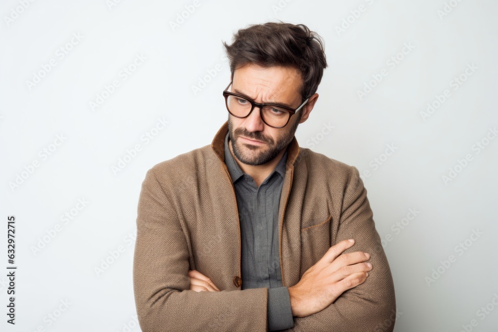 Medium shot portrait photography of a man in his 30s appearing tired and down due to hypothyroidism wearing a chic cardigan against a white background Medium shot portrait photography of a man in his 30s appearing tired and down due to hypothyroidism wearing a chic cardigan against a white background